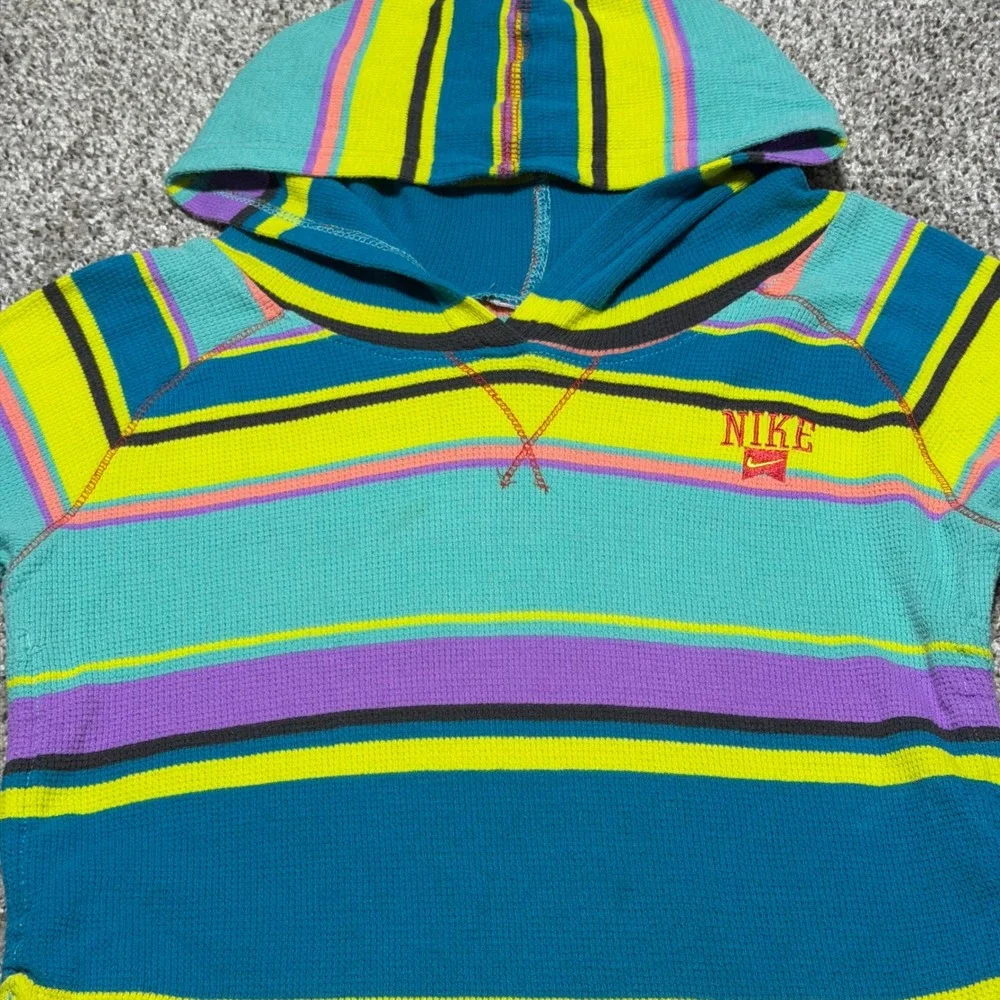 Y2K Nike Girls L (12-13) Pullover Hoodie Lightweight Waffle Knit Neon Stripe